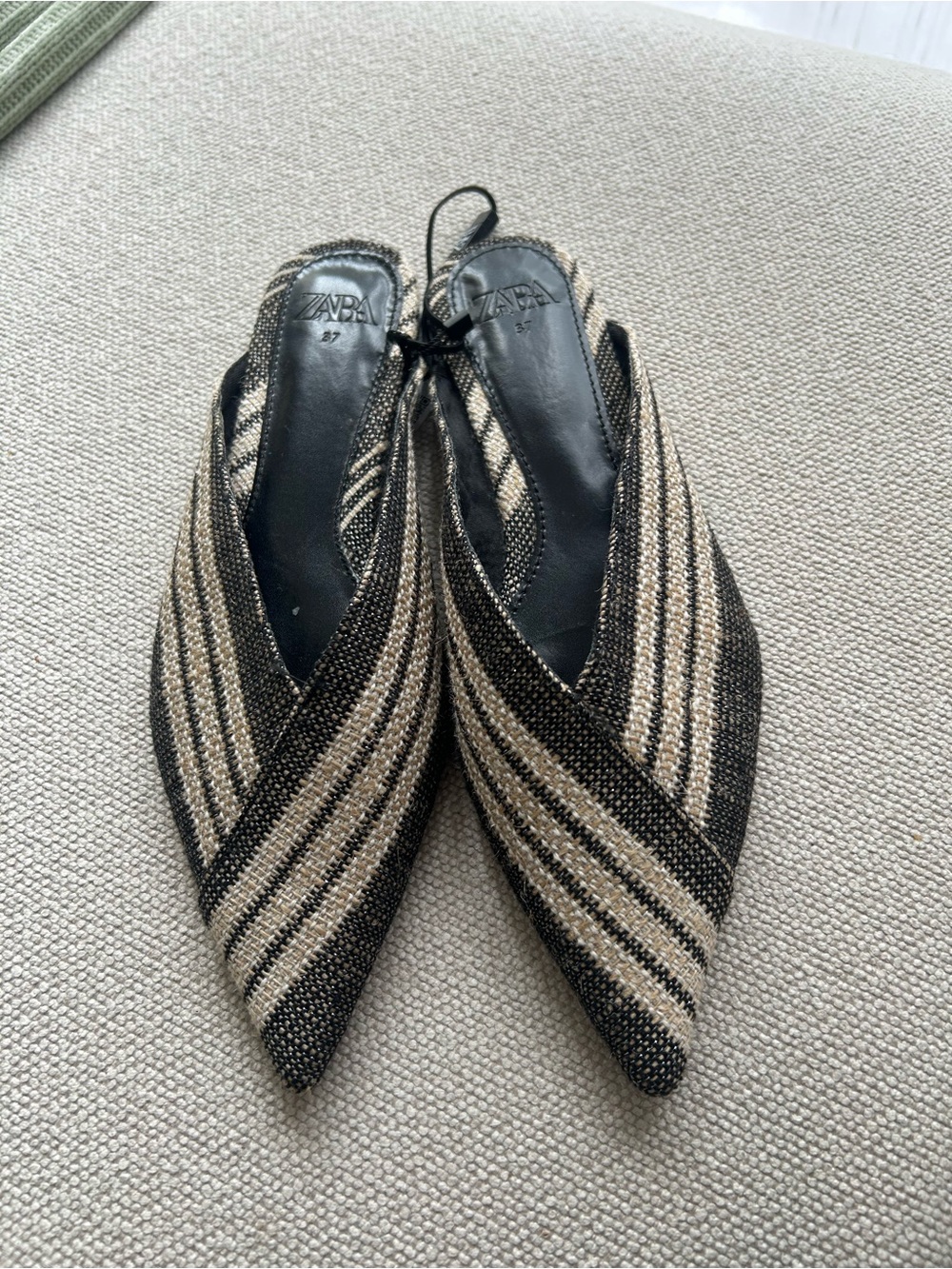 ZARA NWT Black Beige Striped Pointed Toe Slingback Flats
